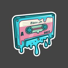 an old school cassette sticker with blue and pink drips on the side, in front of a black background