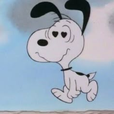 a cartoon dog flying through the air with clouds in the sky behind him and his tongue sticking out