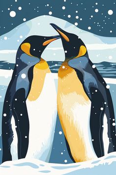 two penguins standing next to each other in the snow with their beaks touching noses