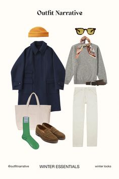 This Casual Winter Outfit features a wool overcoat, shetland sweater and blue washed jeans paired with suede loafers. Amping up the style cool sunglasses, a bandana and a colourful beanie complete the look with a perfect blend of casual menswear and ivy style Color Pairing Outfits Men, Men’s Outfits Winter, Outfit Narrative, Man Winter Outfit, Winter Outfit Jeans, Winter Outfits Colorful, Shetland Sweater, Casual Menswear, White Jeans Outfit