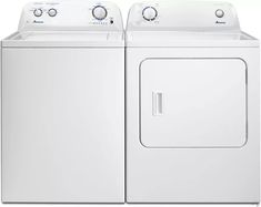 two washers and dryer sitting side by side on a white background with no one in it