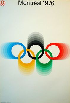 an olympic poster with the colors of the rings on it's back and white background