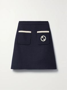 GUCCI Appliquéd wool-blend mini skirt | NET-A-PORTER Shop Gucci, Gucci Skirt, Navy Mini Skirt, Blue Mini Skirt, Gucci Outfits, Estilo Preppy, Art Diary, Perfect Foundation, Wool Turtleneck