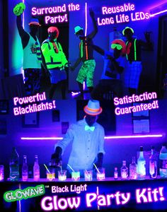 the glow party kit includes neon lights, black light, and fluorescent colors for people to use