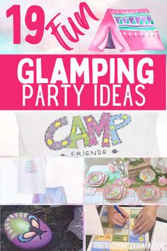 there is a collage of images with the words glamping party ideas on it