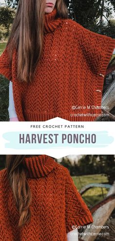 a woman wearing an orange knitted poncho with the words free crochet pattern