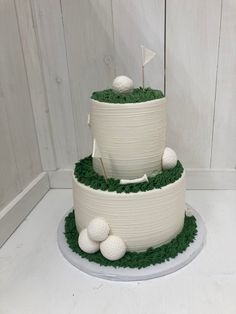 Two tiered textured buttercream cake golf tee golf ball green white bridal shower cake golf themed shower 60th Birthday Golf Cake, Wedding Cake Golf Theme, Masters Golf Birthday Cake, 2 Tier Golf Cake, Golf Themed Wedding Cakes, Golf Themed Grooms Cake, Fore Tee Birthday Cake, Golf Graduation Cake, Golf Gender Reveal Cake