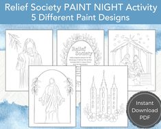 the nativity coloring book with five different pictures and text that reads, relief society paint night