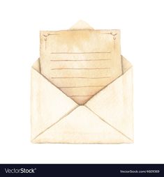 an open envelope with paper inside on a white backgrounge background, watercolor