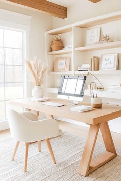 25+ Minimalist Dream Home Office Decor Designs Neutral Color Office Ideas, Standing Desk In Home Office, Home Office Walls Ideas, L Shaped Desk Office Ideas, 2 Person Desk Setup, Cute Study Space, Office Set Up At Home, Colorful Home Office Decor, Minimalist Therapy Office