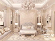 an elegant bedroom with white furniture and chandelier