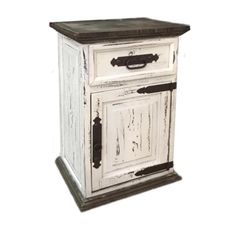 an old white cabinet with black handles