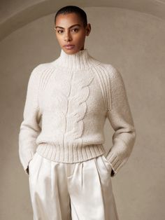 Arran Cable Sweater | Banana Republic White Funnel Neck Sweater, Cable Knit Sweater Winter, Cream Cable Knit Sweater Pattern, Luxury White V-neck Sweater For Fall, Luxury Casual Cable Knit Sweater Coat, Affordable Stretch Cable Knit Sweater, Luxury Winter Knitting Pattern For Women, White Jumper Sweater, Luxury Knit Sweater