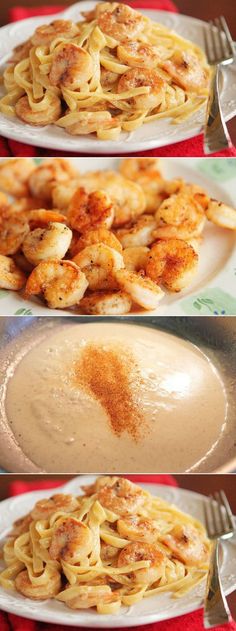 three different pictures of pasta with shrimp and sauce