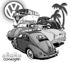 an old vw bug is shown in this black and white drawing