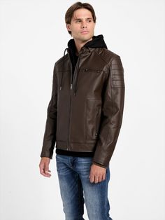 Davino Faux-Leather Hooded Moto Jacket | GUESS Factory Fall Hooded Leather Jacket With Padded Collar, Hooded Leather Jacket For Outdoor Fall, Winter Leather Biker Jacket With Faux Pockets, Hooded Leather Jacket For Cold Fall Weather, Fall Outdoor Leather Jacket With Double-lined Hood, Hooded Leather Biker Jacket For Winter, Winter Hooded Leather Biker Jacket, Moto Style Hooded Outerwear For Streetwear, Hooded Leather Jacket With Padded Collar