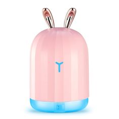 a pink and blue alarm clock with bunny ears on it