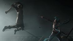 two people are jumping in the air with their arms out and one person is holding an electric guitar