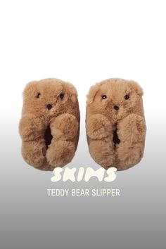 teddy bear slippers with the words skis written below them on a white background