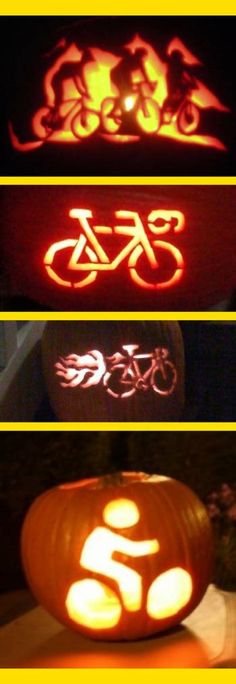 three pumpkins with different designs on them, one is carved to look like a bike