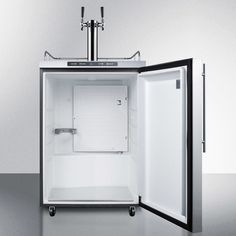 an open refrigerator with the door ajar and water dispenser on top