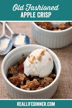 two bowls filled with dessert and ice cream on top of a cloth covered tablecloth