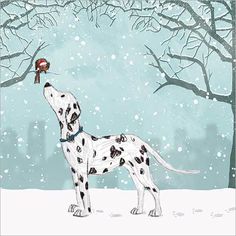 a drawing of a dalmatian dog in the snow with a bird on its nose