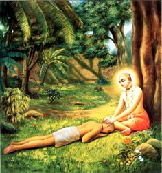 a painting of a man laying on the ground next to a woman in a forest