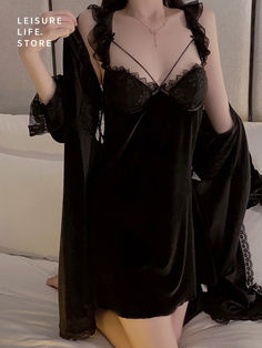 Embrace the luxurious feel of velvet for a night of restful elegance.#plushvelvet #plussizenightwear #strappypajamas #eleganthomewear #luxuriousloungewear #velvetpajamas #opulentcomfort #womenssleepwear #cozyrobe #loungingensemble #nightwearset #homeattire #sleepinstyle #comfortablefashion #plussizeloungewear #sleepingbeauty Black Fitted Sleep Sets, Fitted Lace Trim Sleepwear Set, Fitted Long Sleeve Sets For Night, Black Stretch Sleepwear With Lace Trim, Fitted Solid Sleepwear, Black Stretch Sleepwear For Bedtime, Black V-neck Stretch Sleepwear, Black Stretch V-neck Sleepwear, Fitted Black Sets For Night