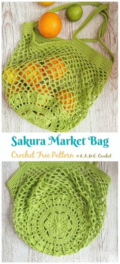 a green crocheted bag with oranges on it