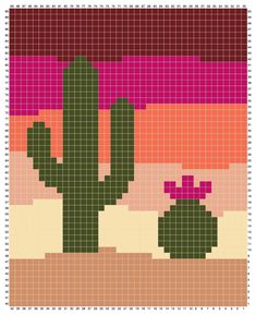 a cross - stitch pattern with a cactus and two flowers on the same color scheme