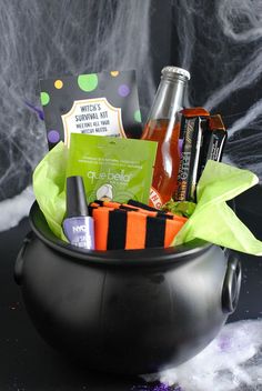 a halloween gift basket in a black bowl