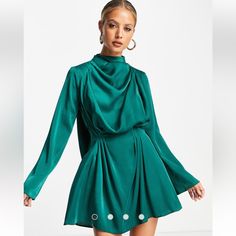 Asos Design Satin Drape Neck Mini Dress With Pleat Detail And Open Back In Forest Green Exec Photoshoot, Teal Satin Dress, Asos Maxi Dress, Wrap Dress Long Sleeve, Abstract Print Dress, Dress With Pleats, Checkered Dress, Lace Dress With Sleeves, Square Neck Dress