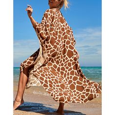 Brown Print Long Kinimo Beachwear Pretty Summer Dresses, Pretty Bras, Swim Cover Up Dress, V Neck Pullover, Plus Size Swim, Resort Dresses, Cover Beachwear, Cover Ups, Kaftan Dress