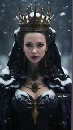 a woman with a crown on her head in the snow, wearing a black dress and fur coat