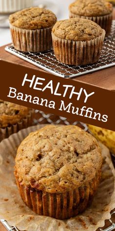 healthy banana muffins on a cooling rack with bananas in the background and text overlay