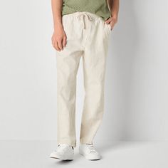 These men's pull-on pants by mutual weave equal effortless warm-weather style. Made from a woven cotton-linen blend with a hint of stretch, these straight-leg pants have a relaxed-fit silhouette with an elastic-drawstring waist and multiple pockets. Wear them with a shirt or tee. Front Style: Flat FrontFeatures: Stretch Fabric, Drawstring WaistClosure Type: Full Elastic, DrawstringFit: Relaxed FitPockets: 2 Back Button Pockets, 2 Side Slip PocketsFiber Content: 56% Cotton, 43% Linen, 1% SpandexF Mens Linen Pants Nordstrom, Mens Fitted Linen Pants, Men’s White Linen Pants Outfit, Men’s White Linen Trousers Outfit, Men’s White Linen Shorts Outfit, Linen Pants Outfit, Beach Fits, Pants Outfit Men