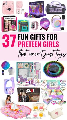 gifts for pretend girls that aren't just toys in the box with text overlay reading 37 fun gifts for preteen girls that aren't just toys