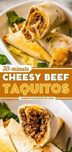 three different views of cheesy beef taquitass with the title in the middle