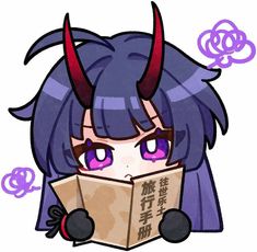 an anime character reading a book with horns on her head