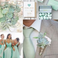 a collage of photos with flowers and groomsmid items in the background, including an aqua - green color scheme