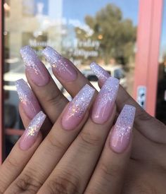 Ombre Nails With Glitter - Coffin Clear Glitter Nail Pink To Glitter Ombre Nails, Classy Pink Nails Glitter, Nails White Pink Ombre, Sparkly Birthday Acrylic Nails, Pink Ombre Glitter Acrylic Nails, Pink Sparkly Acrylic Nails Glitter, Pink Ombre Nails With Glitter, Glitter Flake Nails, Soft Pink Nails With Glitter