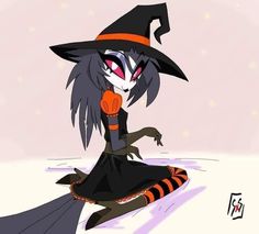 a cartoon witch sitting on the ground with her legs crossed and wearing a black hat