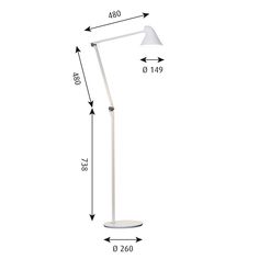 a white floor lamp is shown with measurements for the base and arm, along with an angle