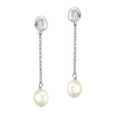 A natural freshwater pearl dangles delicately from a hand-cast pebble top, polished to a mirror finish. The perfect combination of structure and movement. Made from rhodium plating over brass, hypo-allergenic and hand polished. For increased longevity, keep jewelry clean and dry using a soft cloth. Avoid wearing your jewelry in the shower or during exercise, and wear after applying perfume or hairspray. Protect your piece from rain and humidity. When not wearing, be sure to store inside a jewelr Timeless Pearl Charm Drop Jewelry, Modern Pearl Pendant Earrings, White Gold Dangle Jewelry With Pearl Charm, Classic Metal Jewelry With Pearl Drop, White Gold Dangle Earrings With Pearl Charm, Modern Jewelry With Pearl Charm, Elegant Metal Dangle Drop Earrings, Modern White Gold Drop Jewelry, Modern Teardrop Jewelry With Pearl Charm