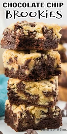 chocolate chip brownies stacked on top of each other with the title in the middle