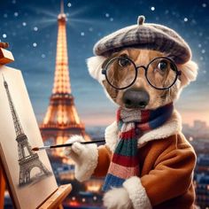 a dog wearing glasses and a hat painting in front of the eiffel tower