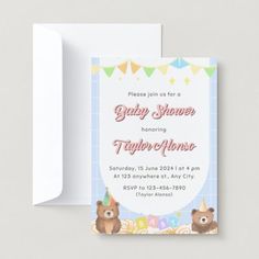 a birthday party card with two teddy bears on the front, and one bear in the back