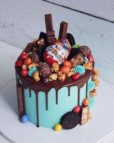 a birthday cake decorated with candy and candies