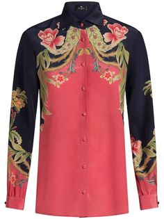 blush pink/black/gold silk colour-block design floral motif spread collar front button fastening fabric-covered buttons long sleeves buttoned cuffs straight hem Printed Silk Shirt, City Dress, Gold Silk, Fabric Covered Button, Block Design, Printed Silk, Colour Block, Design Floral, Silk Shirt